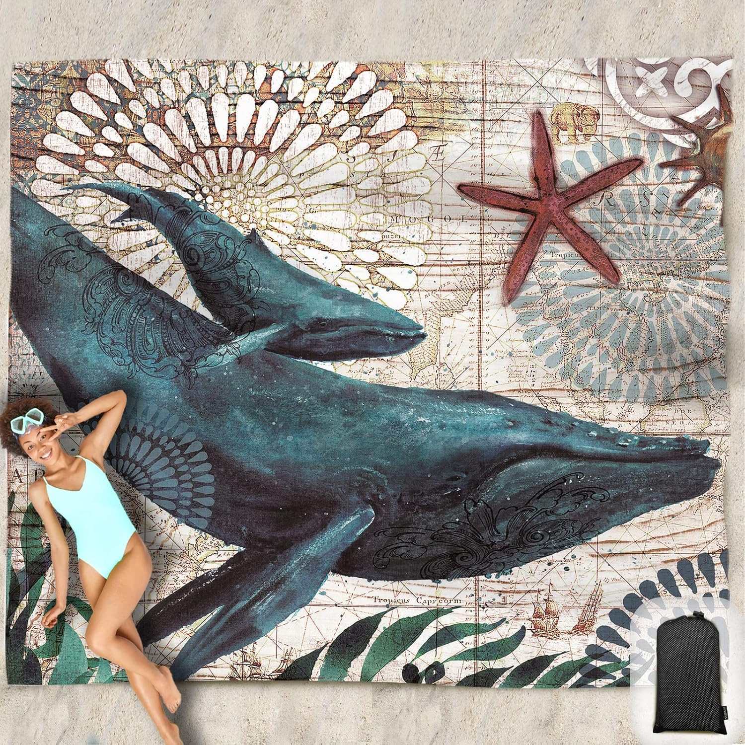 Beach Blanket Waterproof Sandproof Oversized 95&rdquo;X 80&rdquo;,Sand Free Beach Mat with Corner Pockets,Portable Mesh Bag for Beach Festival,Picnic,Travel and Outdoor Camping (Seaturtle)