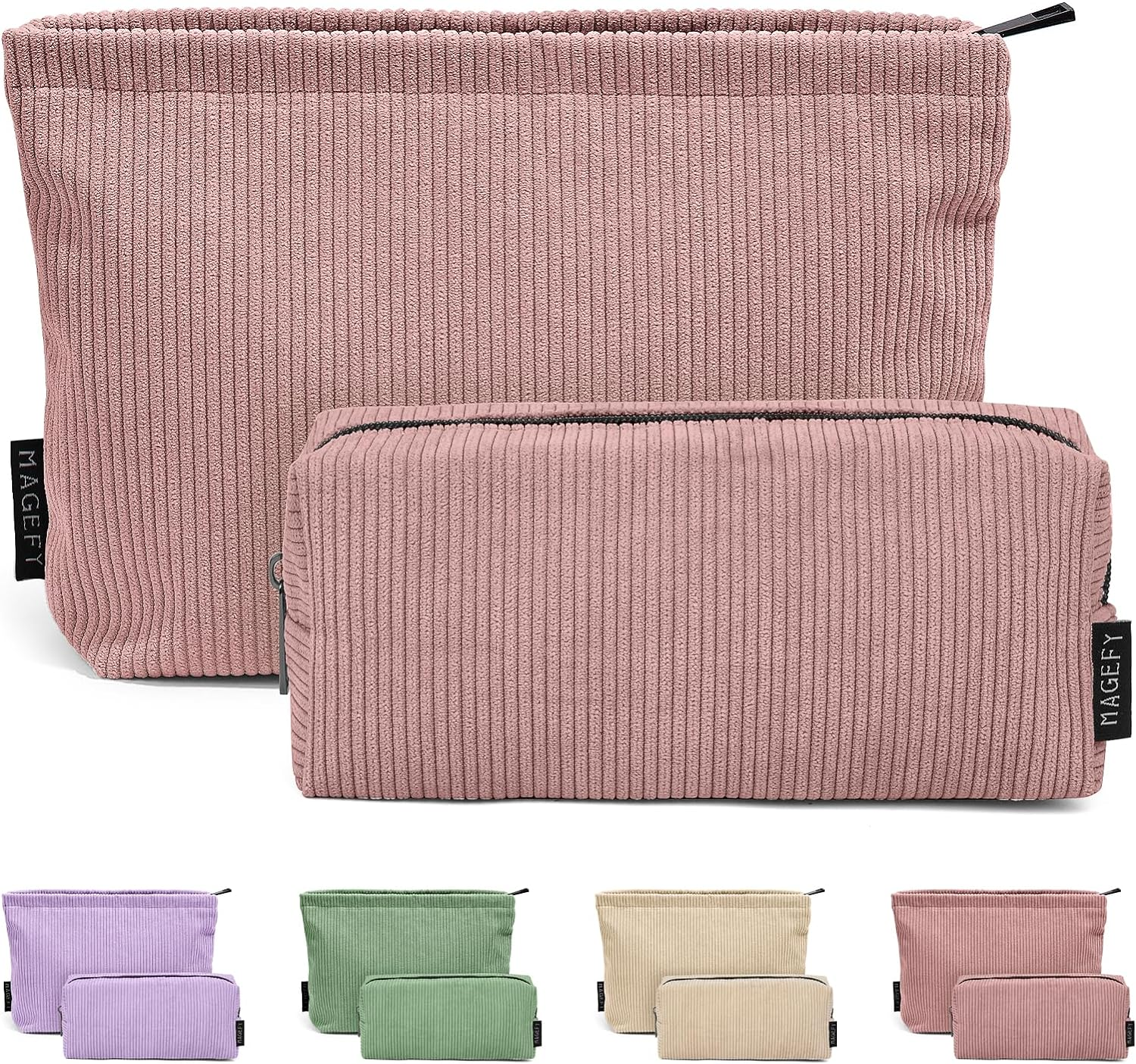 MAGEFY 2 Pcs Makeup Bags for Women, Corduroy Make up Bag for Purse Travel Makeup Bag Small Cosmetic Bags with Zipper Makeup Pouch for Travelling(Beige)