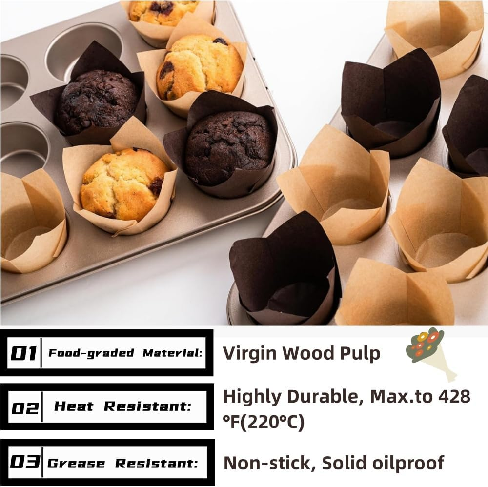 Tulip Cupcake Liners, 200Pcs Baking Paper Cups, Cupcake Muffin Liners Wrappers, Baking Cups Muffin Tins Treat Cups for Weddings, Birthdays 2Inch (Brown, Natural and White) image number 4