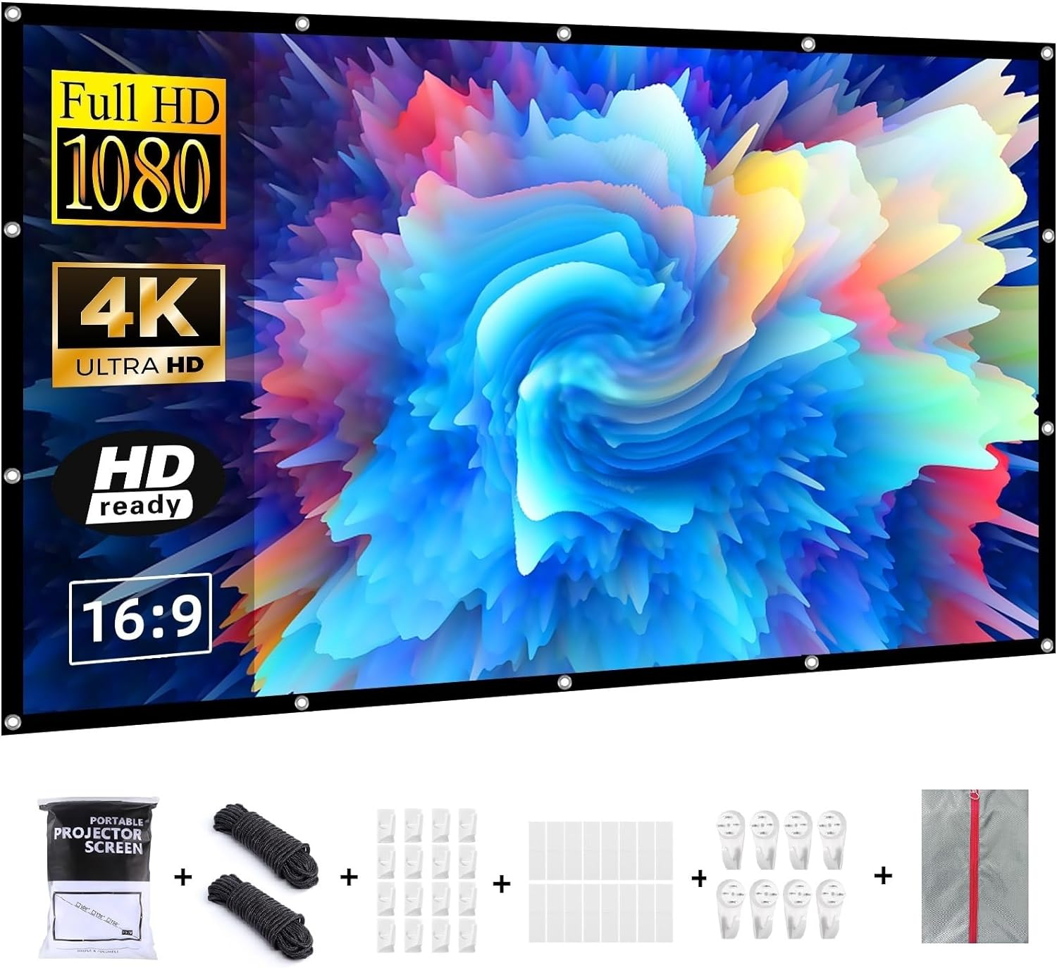 Projector Screen 120 Inch Indoor Outdoor Portable Movie Screen 16:9/Foldable/Anti-Crease Projection Screen for Home Theater Support Double Sided Projection with Nail Hooks and Portable Bag (120 INCH) image number 2