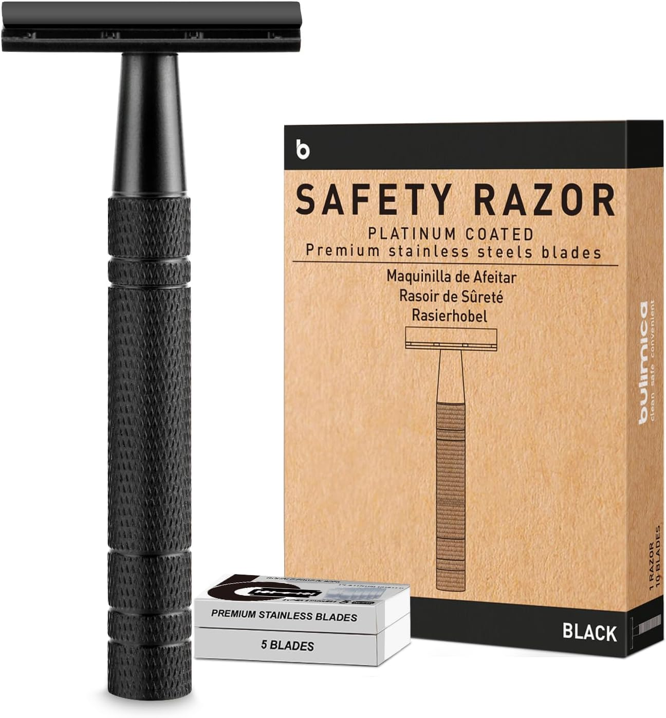 BULIMICA Matte Black Double Edge Safety Razor for Men, with 10 Platinum Coated Double Edge Safety Blade Razor, Reusable Travel Essentials Women Razor image number 1