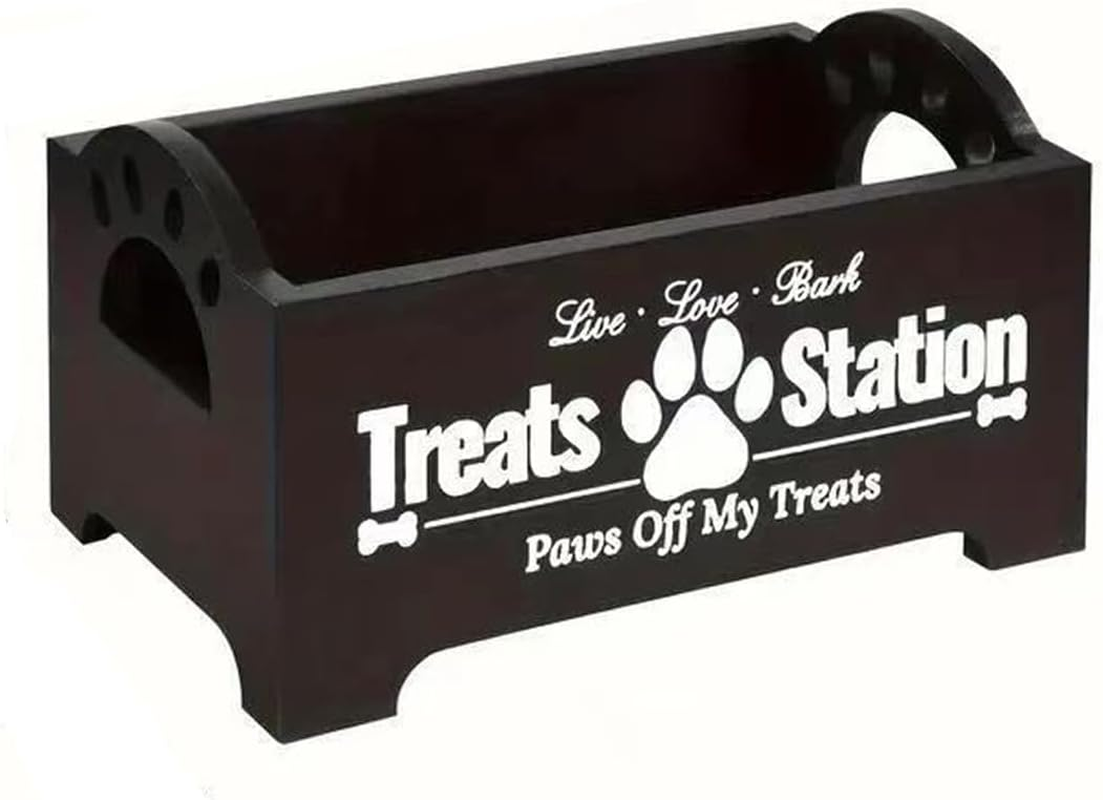 AIMALL Cat and Dog Treat Storage Box, Decorative Paw Design, Durable Wood Organizer for Pet Food and Toy Sorting - Black or White, 9In(L) X 5.1In(W) X 4.9In(H)