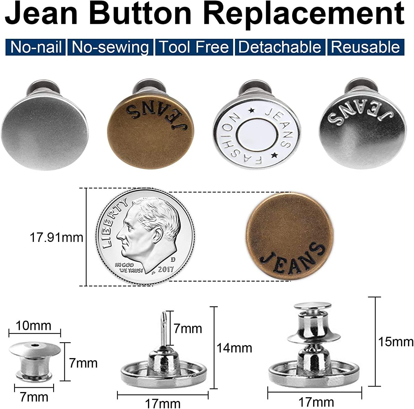 JIUJIU Button Pins for Jeans, No Sew and No Tools Instant Jean Button Pins for Pants, 4 Sets Replacement Buttons, Simple Installation, Reusable and Adjustable