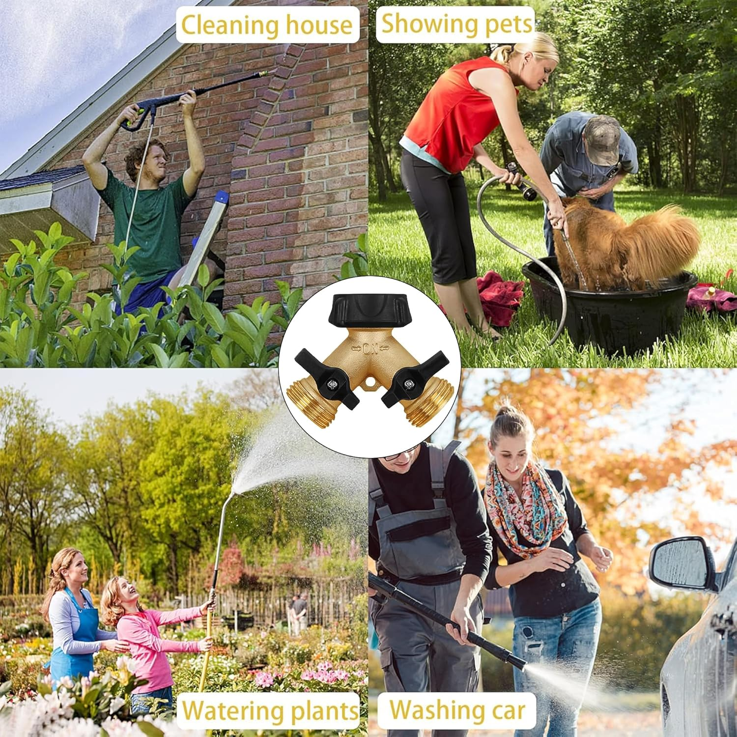 Biswing 2 Pack Garden Hose Splitter 2 Way, Heavy Duty Brass Connector Tap Splitter, Y Splitter 2 Valves with 4 Extra Rubber Washers image number 1