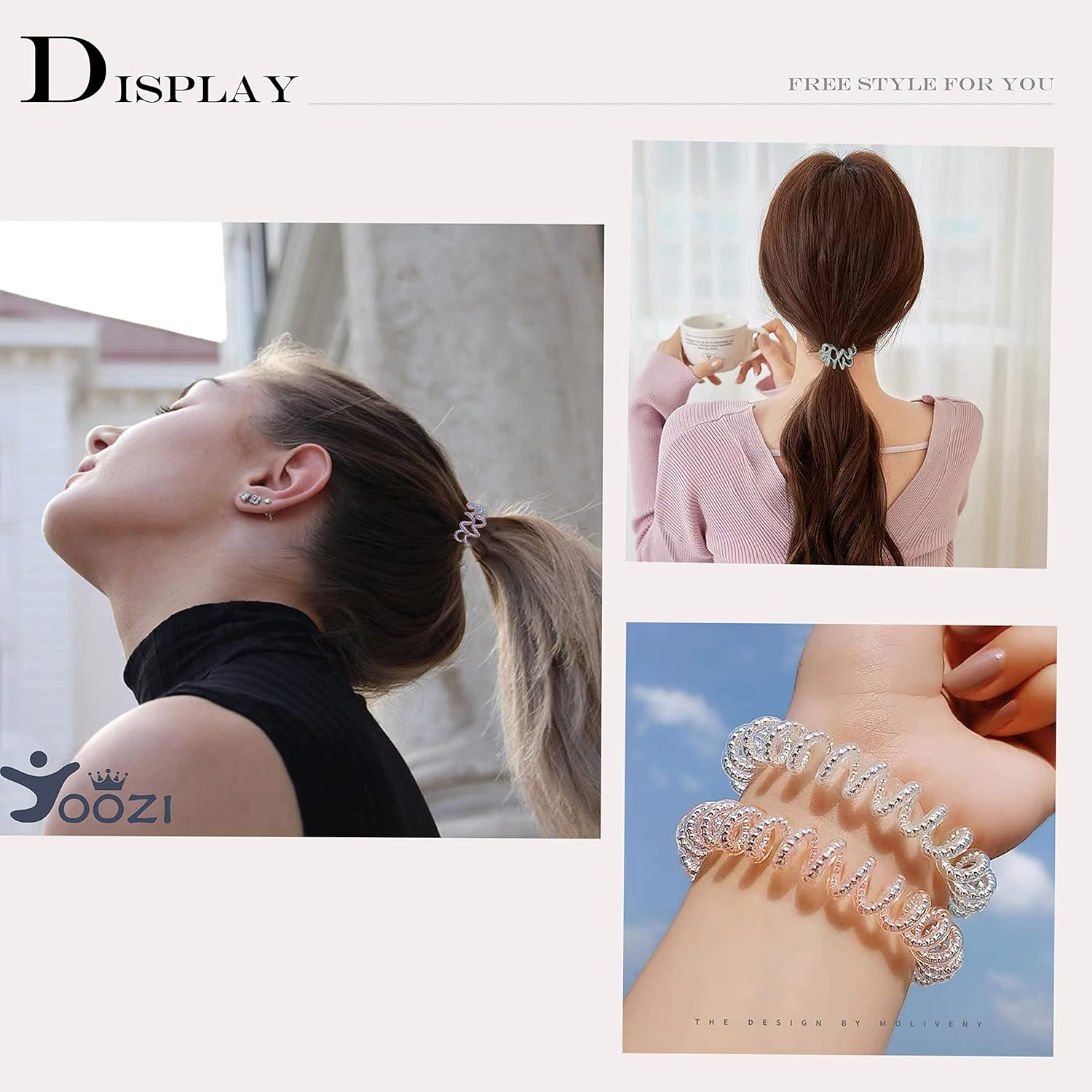 Spiral Hair Ties,Pcoils Hair Ties,Phone Cord Hair Bands,Yoozi No Damage Crease Plastic Ponytail Holder Hair Coil Headband for Woman/Girl,10 Pcs (Silk+Gold(Beaded Version)) image number 1