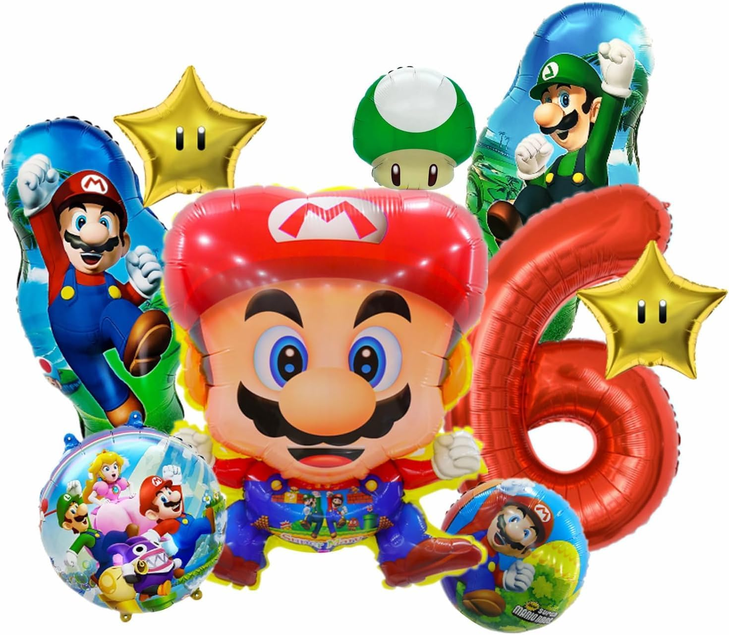 Pack of 9 Super Balloons Birthday 6 Years, Super Bros Foil Balloon 6Th Birthday, Super Bros Balloon Birthday Decoration, Balloon Party Decoration, Balloon Children'S Birthday Decoration Birthday