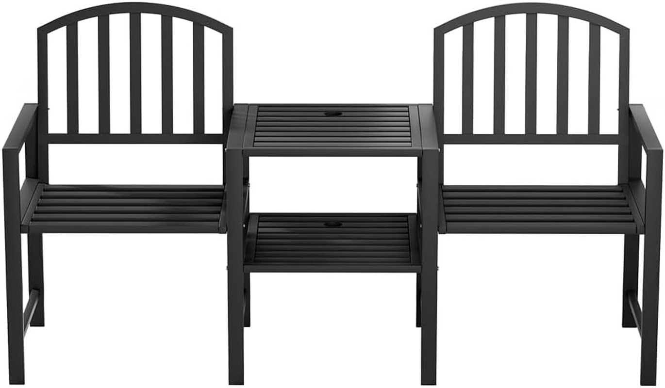 Gardeon Outdoor Garden Bench Seat, 2 Seater Steel Benches Lounge Chair Relax Patio Furniture Chairs Park Pool Backyard, with Folding Table Umbrella Hole Black image number 4