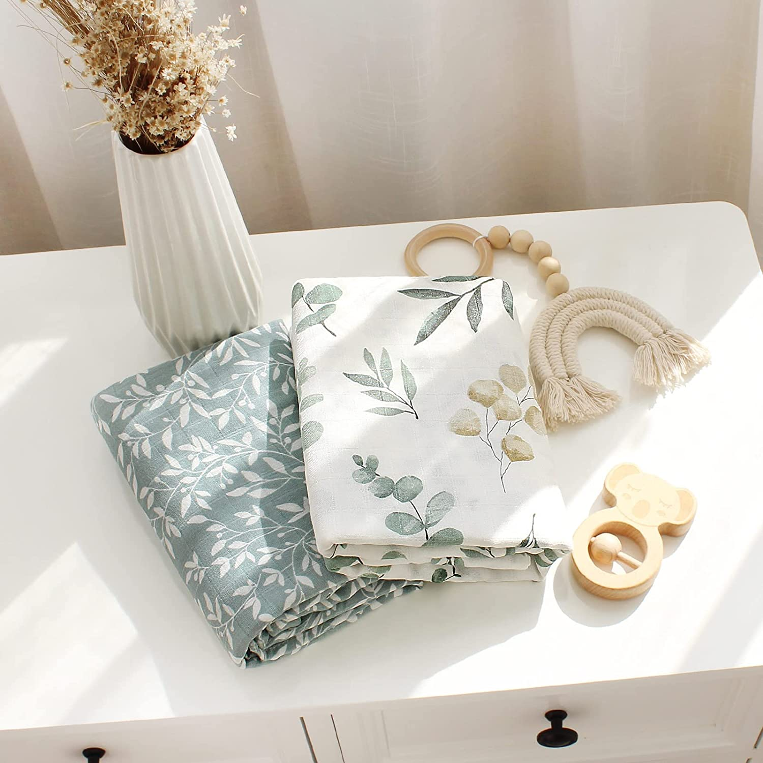 Lifetree Baby Swaddle Blankets, Muslin Wraps Unisex Newborn Receiving Blanket for Boys & Girls, 70% Viscose from Bamboo and 30% Cotton, Soft, Breathable, Large 120 X 120Cm Eucalyptus Pattern image number 2