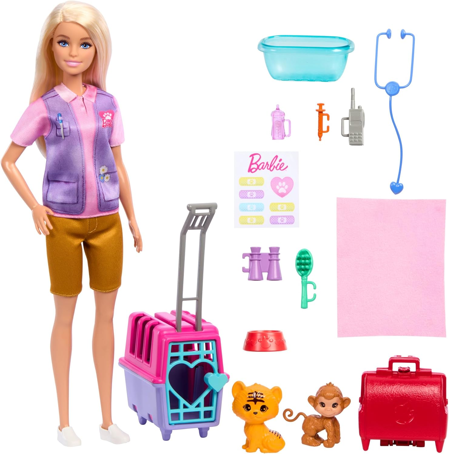 Barbie Careers Doll & Accessories, Animal Rescue & Recovery Playset with Blonde Doll, Baby Monkey & Tiger Figures, Carrier & More image number 1
