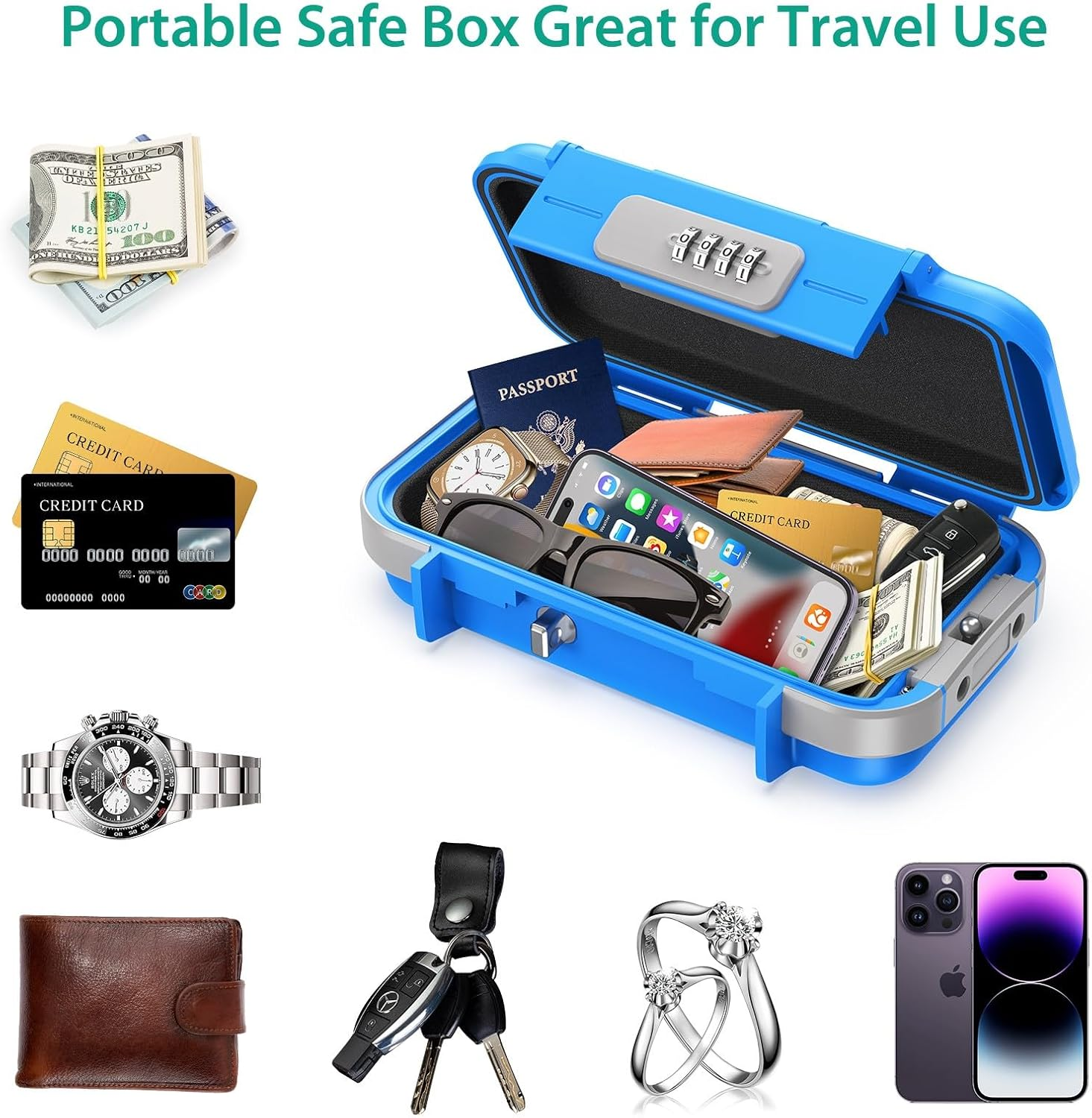 ORIA Portable Safe Box, Security Lock Box, Safe Lock Case with 4-Digit Code, Removable Wire Rope, Waterproof Key Lock Box for Passport, Credit Card, Phone, for Travel, Home, Office, Hotel, Beach -Blue image number 2
