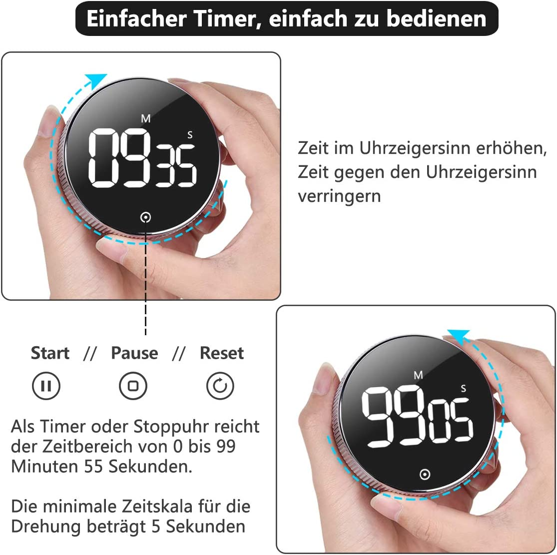 Vabaso Digital Kitchen Timer, Magnetic Kitchen Timer, Egg Timer, Short Time Alarm, Large LED Screen, Loud Alarm, Ideal Timer for Cooking, Baking, Sports, Study image number 1