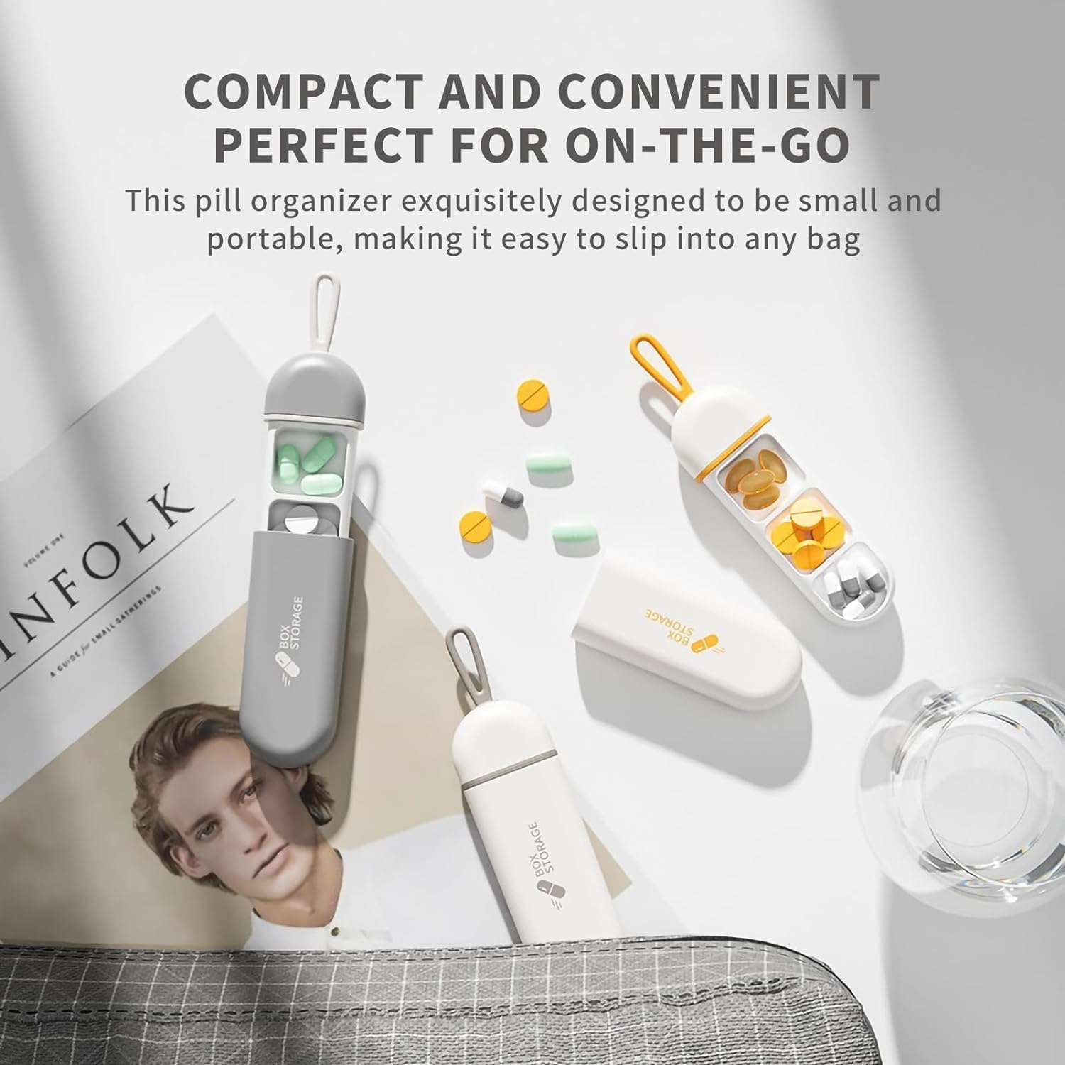 Travel Pill Organiser, 3 Cell Portable Waterproof Pill Box with Silicone Carrying Ring, Mini Pill Box Perfect for Office, Temporary Travel, Easily Put in Wallet. (Orange-White) - Orange-White image number 3