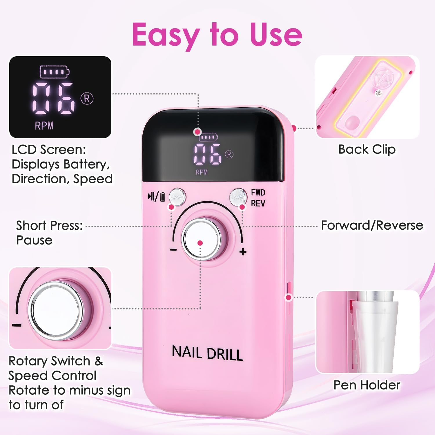 AUTOWT Portable Electric Nail Drill Professional with LED Display, Rechargeable 45000RPM Electric Nail File with 11 Nail Drill Bits, Low Noise, Low Vibration for Manicure Pedicure Salon Home (Pink) image number 2
