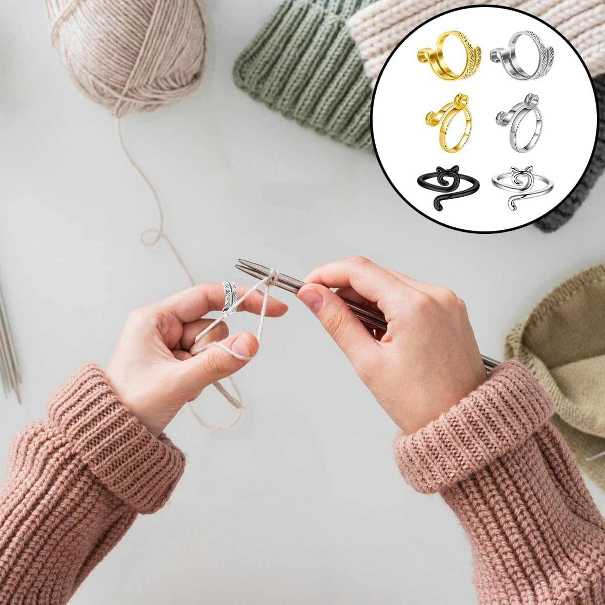 WELANE Knitting Ring, 6 PCS Adjustable Metal Open Crochet Ring for Hand Weaving, Hook Line Supplies, Crocheters (6 Kind) image number 3