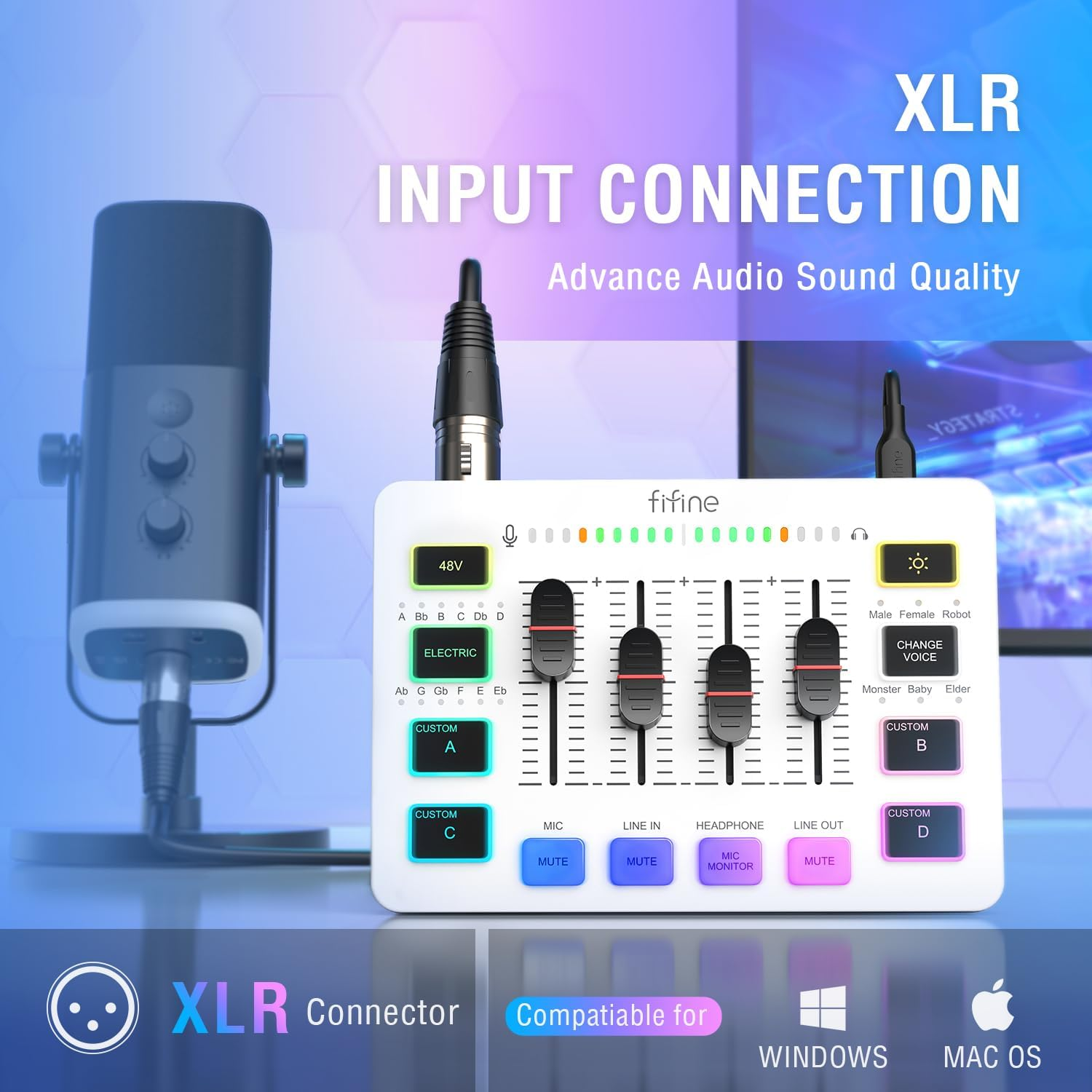 FIFINE Audio Mixer, Gaming Streaming PC Mixer with Slider Fader, XLR Microphone Interface, Monitoring, for Video/Game Voice/Podcast Recording-Ampligame SC3W image number 1