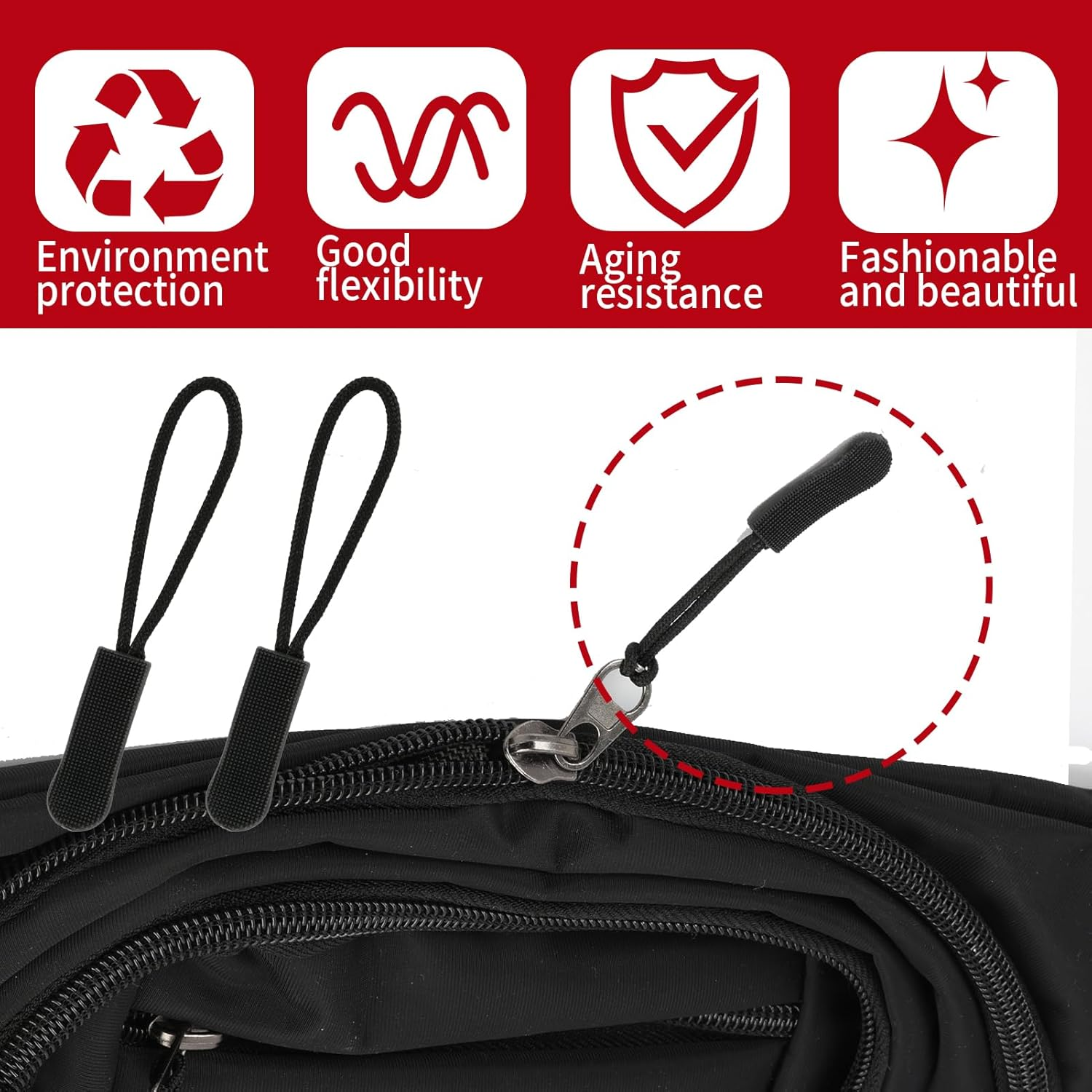 Ozessence 20 Pcs Black Zipper Pull, Durable PVC Removable Zipper Pulls Extension, Tab Extension Suitable for Backpack Clothing Suitcase Travel Bags Mountaineering Bag Winter Cotton Clothes