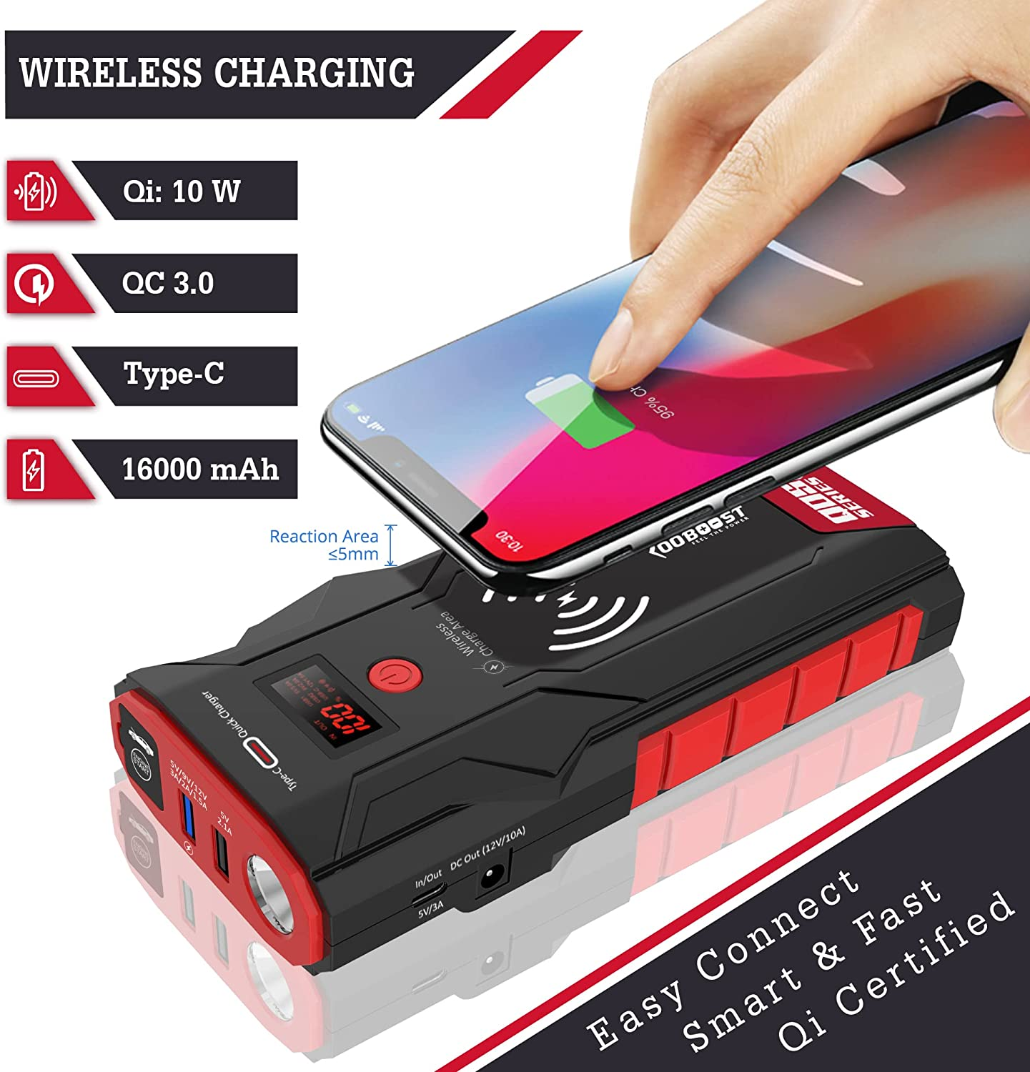 ROOBOOST Jump Starter, 1500A 12V Battery Booster, Jump Start Pack, Petrol & Diesel, Smart Jumper Cable, Quick Charge Power Bank, Wireless Charger, Digital Display. RB-PRO1500 Car Battery Jump Starter