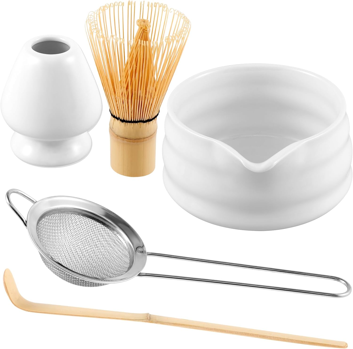 Handcrafted Bamboo Matcha Whisk Set, Ceramic Matcha Bowl with Pouring Spout and Stainless Sifter, Matcha Whisk Holder, Bamboo Scoop Exquisite Matcha Kit for Matcha Tea (Style-02)