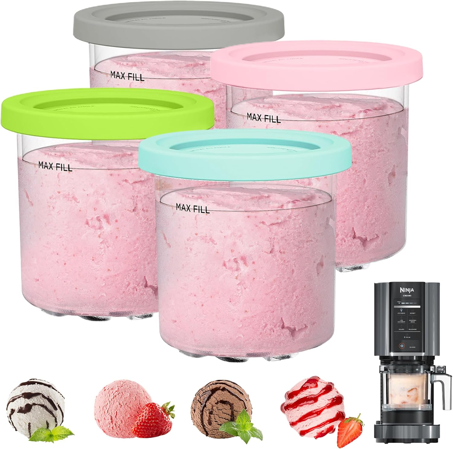 Ice Cream Pint Containers Replacement for Ninja Creami Pints and Lids - 4 Pack, Compatible with NC300 & NC301 & NC299AMZ Series, Leakproof, and Dishwasher Safe, Pink/Green/Grey/Blue image number 3