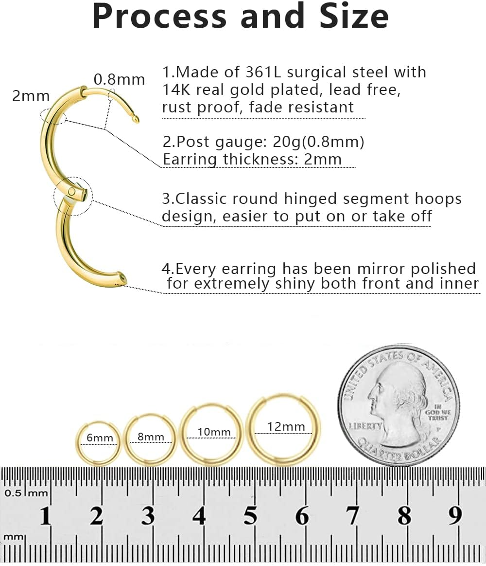 5 Pairs 316L Surgical Stainless Steel Small Huggie 8Mm 10Mm 12Mm 14Mm Hoop Earrings Set Hypoallergenic Hoops Cartilage Helix Lobes Hinged Sleeper Earrings for Men Women for Multiple Piercings image number 4