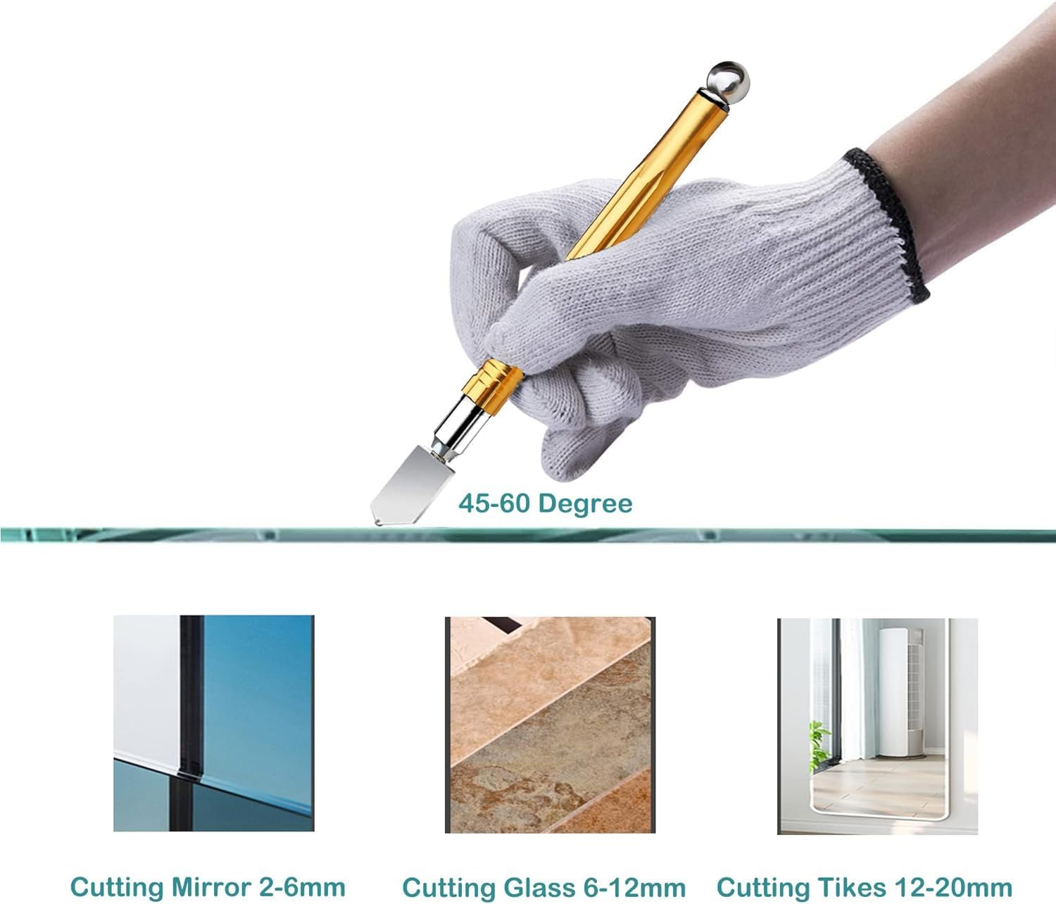 KEWAYO Glass Cutting Tool Kit, 2-20Mm Metal Handle Glass Tile Cutting Pen Style Oil Feed Carbide Tip with 2 Replacement Heads, for Cutting Glass, Mirror and Tiles image number 4