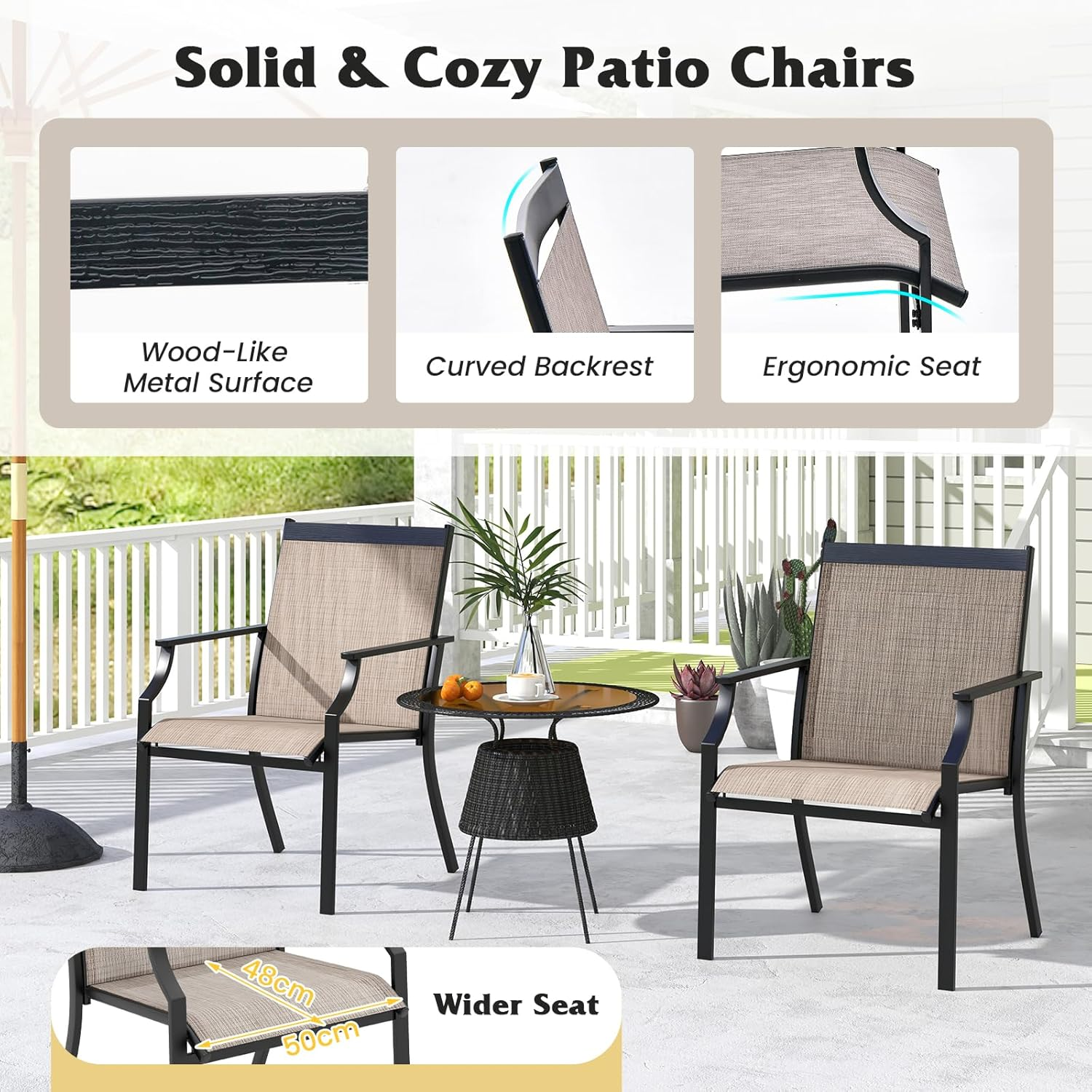 Costway 4 Piece Patio Dining Chairs, Large Outdoor Chairs W/Breathable Seat & Metal Frame, Ergonomic Back & Armrests, High Backrest Armchairs for Porch, Backyard, Lawn (Brown) image number 1