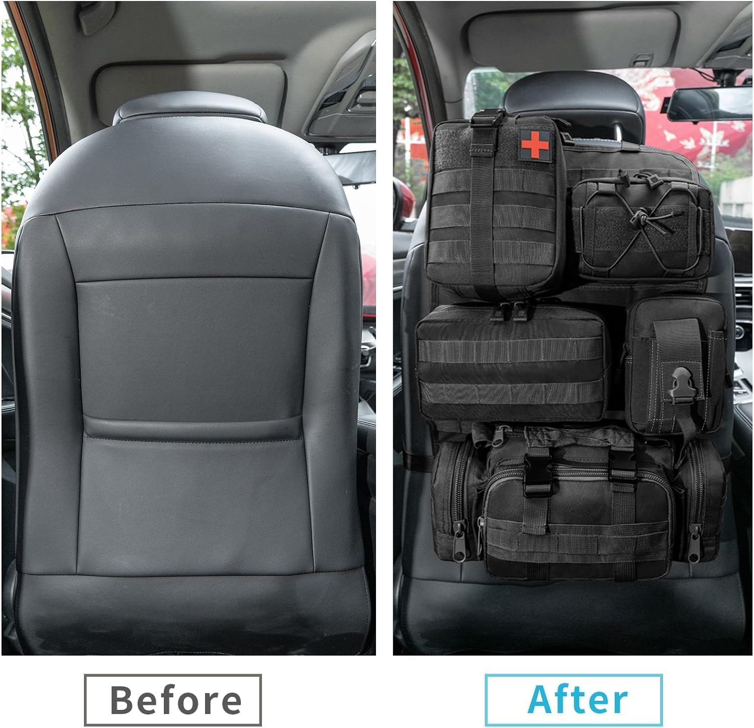 Universal Tactical Vehicle Seat Back Organizer Panel with 5 Detachable MOLLE Pouches - Medical, Phone, Storage Pouch, Suitable for Vehicles Such as Jeep, Truck, SUV, Ford, Chevrolet, Etc image number 3