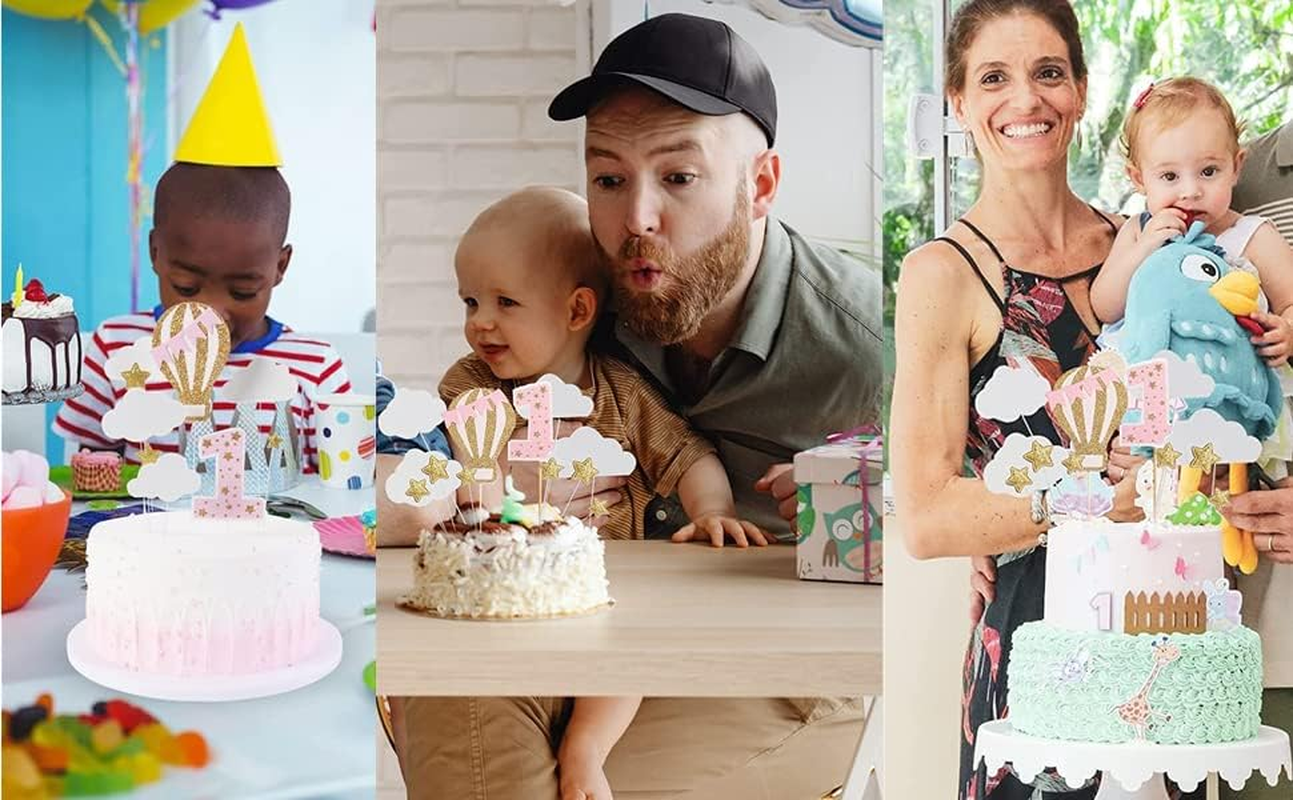 12 Pack Hot Air Balloon Cake Topper with White Cloud Little Stars for Boys First Birthday Party Decorations (Pink)
