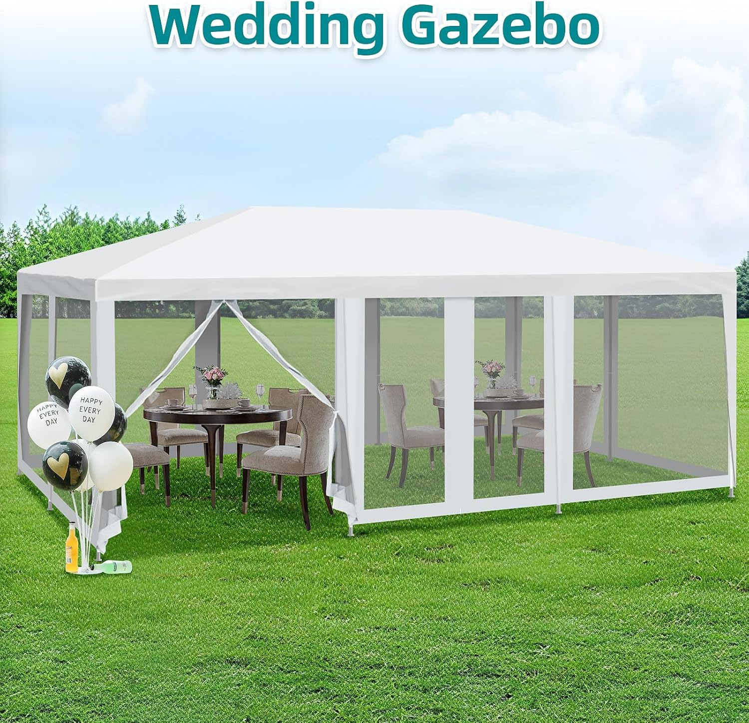 6X4M Marquee Gazebo, Camping Tent Wedding Gazebos Garden Shed 10 Mesh Sidewalls Outdoor Party Canopy Water Resistant and UV Patio Carport Car, White image number 2