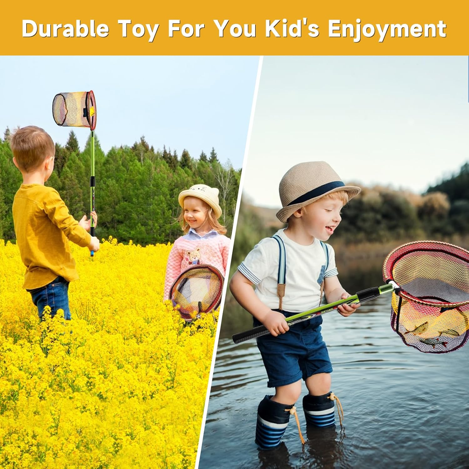 Fishing Landing Net Children'S Fishing Net 40In with Telescopic Pole Handle Rubber Coated Nylon Mesh, Non-Slip EVA Grip for Freshwater or Saltwater image number 1