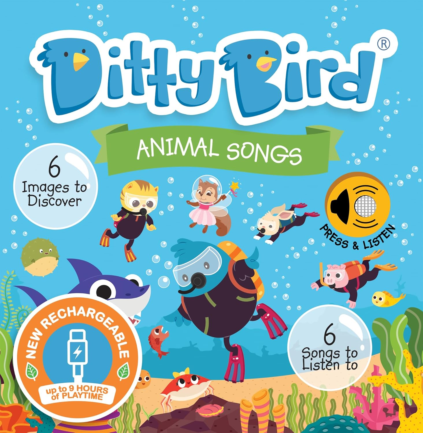 Ditty Bird | Animal Songs Book for Toddlers | USB-C Rechargeable Interactive Sound Books with Baby Shark & More | Musical Toy for 1-3 Year Olds | Sturdy Sensory Gift for Baby image number 5