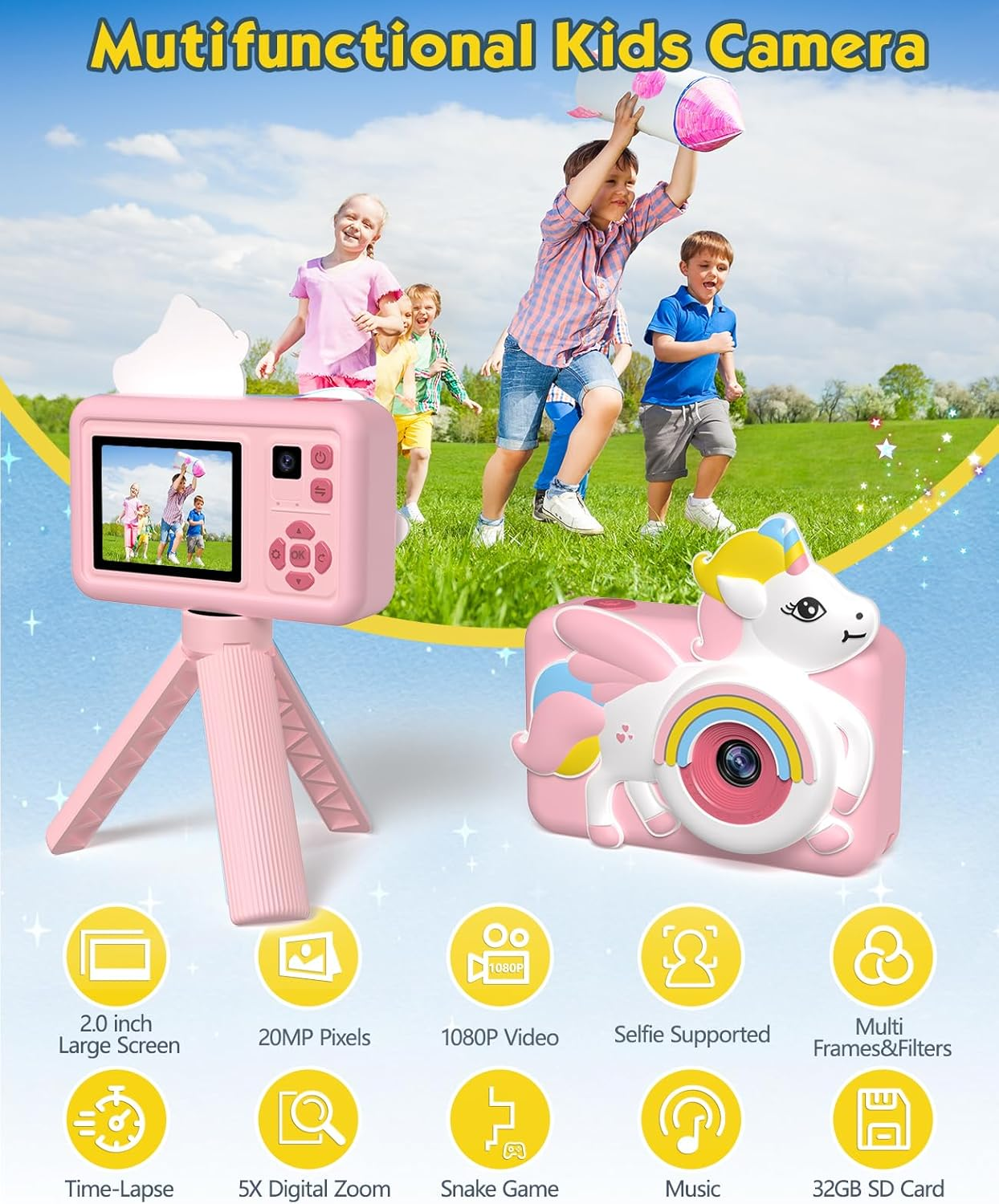 Bluefire Kids Selfie Camera, Mini 2 Inch Screen HD Digital Camera for Kids with 32GB SD Card & Cartoon Silicone Soft Cover for 4-9 Year Old Girls/Boys(Pink) image number 3