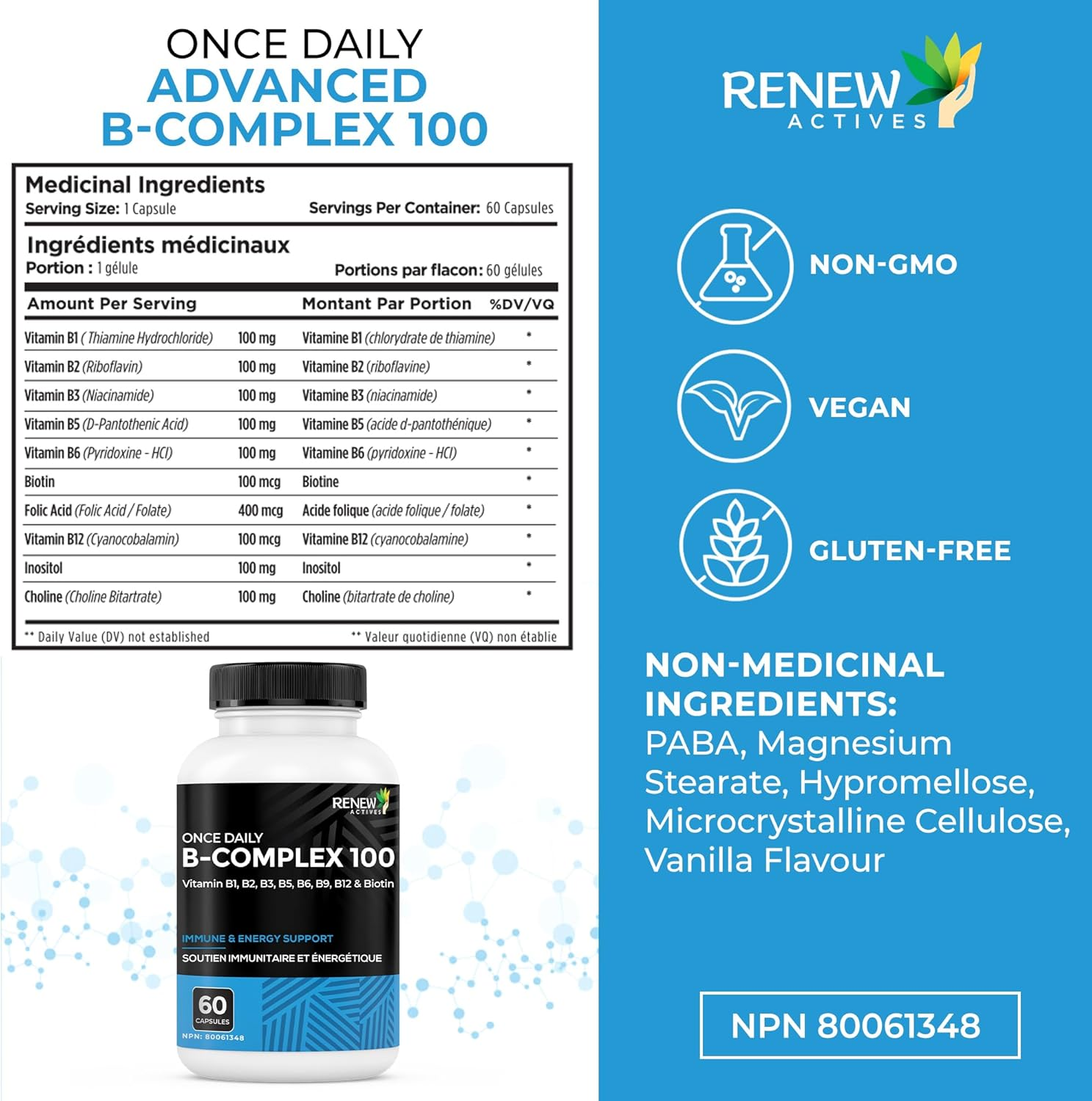 Renew Actives Vitamin B Complex 100 &ndash; 60-Capsule Advanced B Complex Dietary Supplement for Men and Women &ndash; 100% of B1, B2, B3, B5, B-6, B-12! &ndash; Vegan-Friendly Capsules image number 2