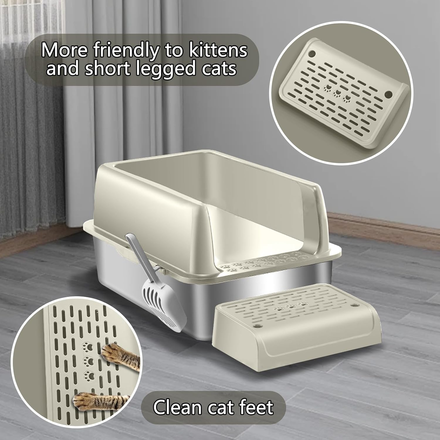 Menbyci Stainless Steel Cat Litter Box with Lid Footboard,Metal Extra Large Litter Box Self Cleaning,High Side Enclosure Cat Litter Tray for Big Kitty,Cat Scooper for Litter Boxes,24X16X12In (Khaki) image number 6