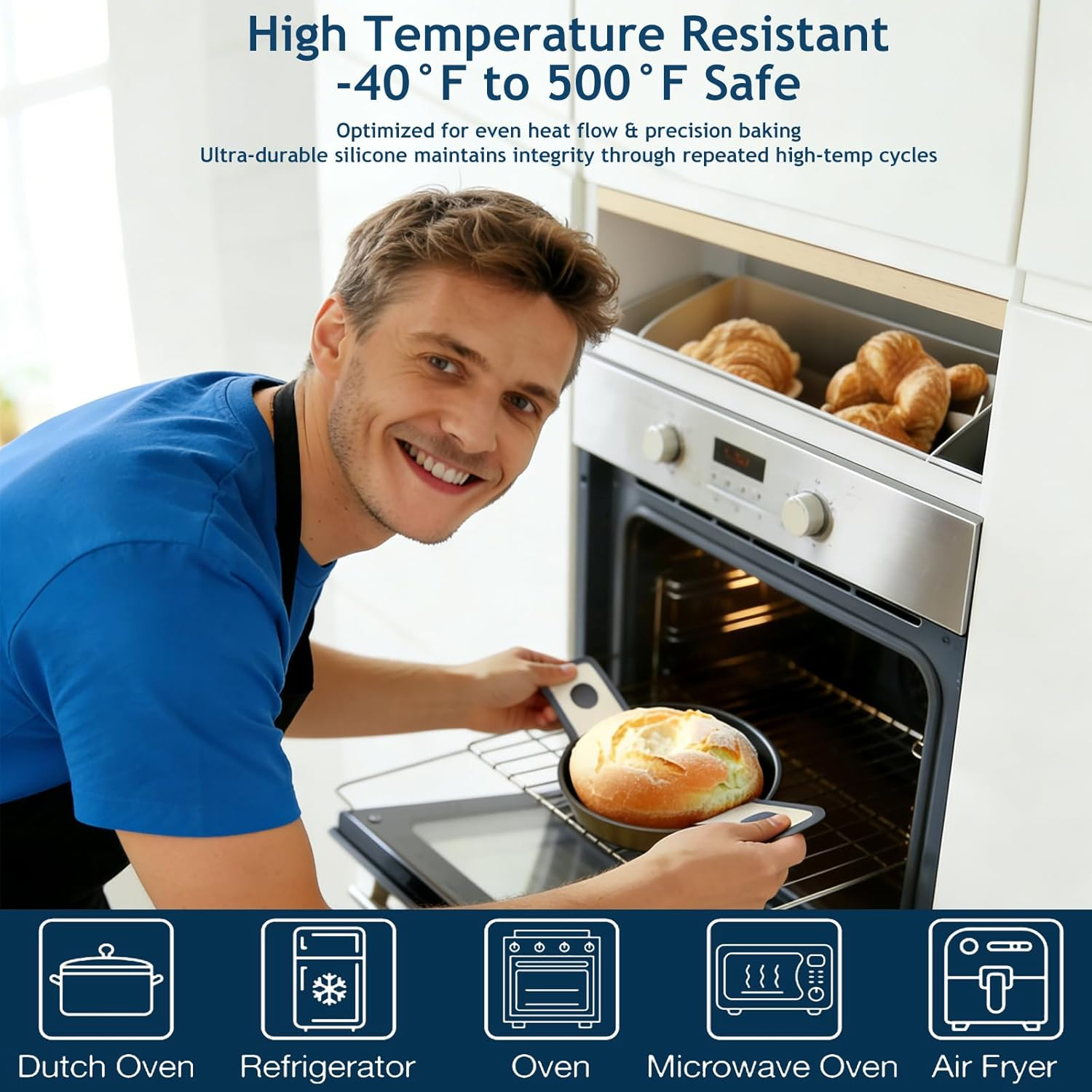 Silicone Bread Sling Oval and round for Dutch Oven, KITMAL Non Stick Reusable Silicone Baking Mat with Long Handles Sourdough Bread Baking Supplies and Making Tools, Orange - Gray image number 4