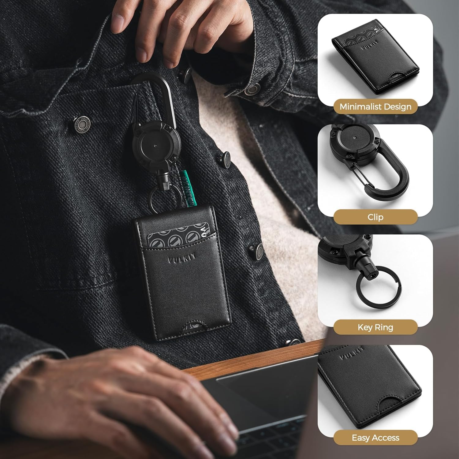 VULKIT Badge Holder Retractable Clip, Leather Bifold Double ID Card Holder, Retractable Keychain Carabiner, Holds 5 Cards, Keys Black - Black image number 6