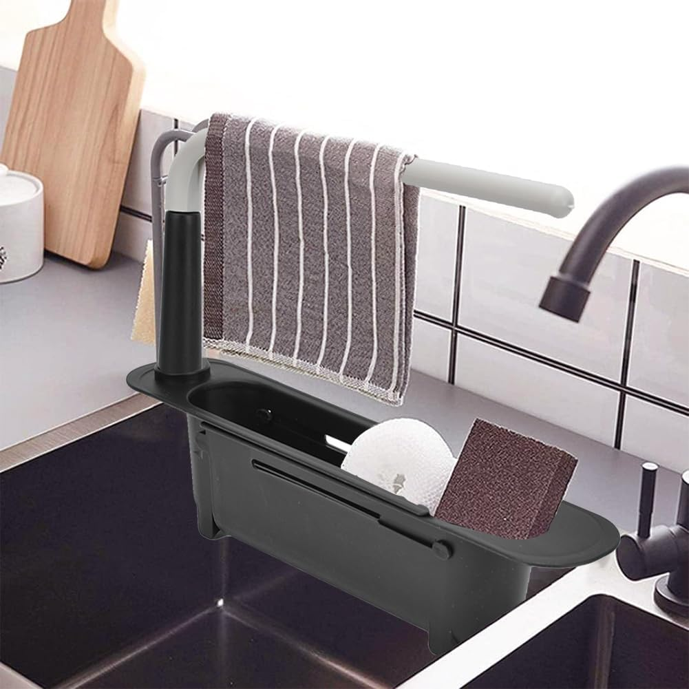 Telescopic Sink Storage Rack, Expandable Utility Farmhouse Accessories Sink Multifunctional Updated Adjustable Rollable Sponge Holder for Kitchen Dishes Cups Fruits(Black)