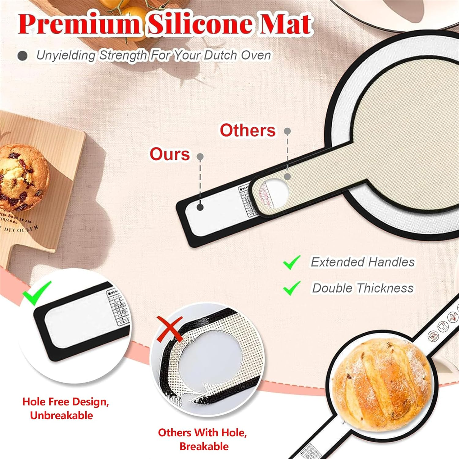 Silicone Bread Sling for Dutch Oven, 2 PCS Non-Stick & Easy Clean Reusable Silicone Bread Baking Mats with Long Handles, Easy to Transfer Sourdough Bread - Red A image number 5