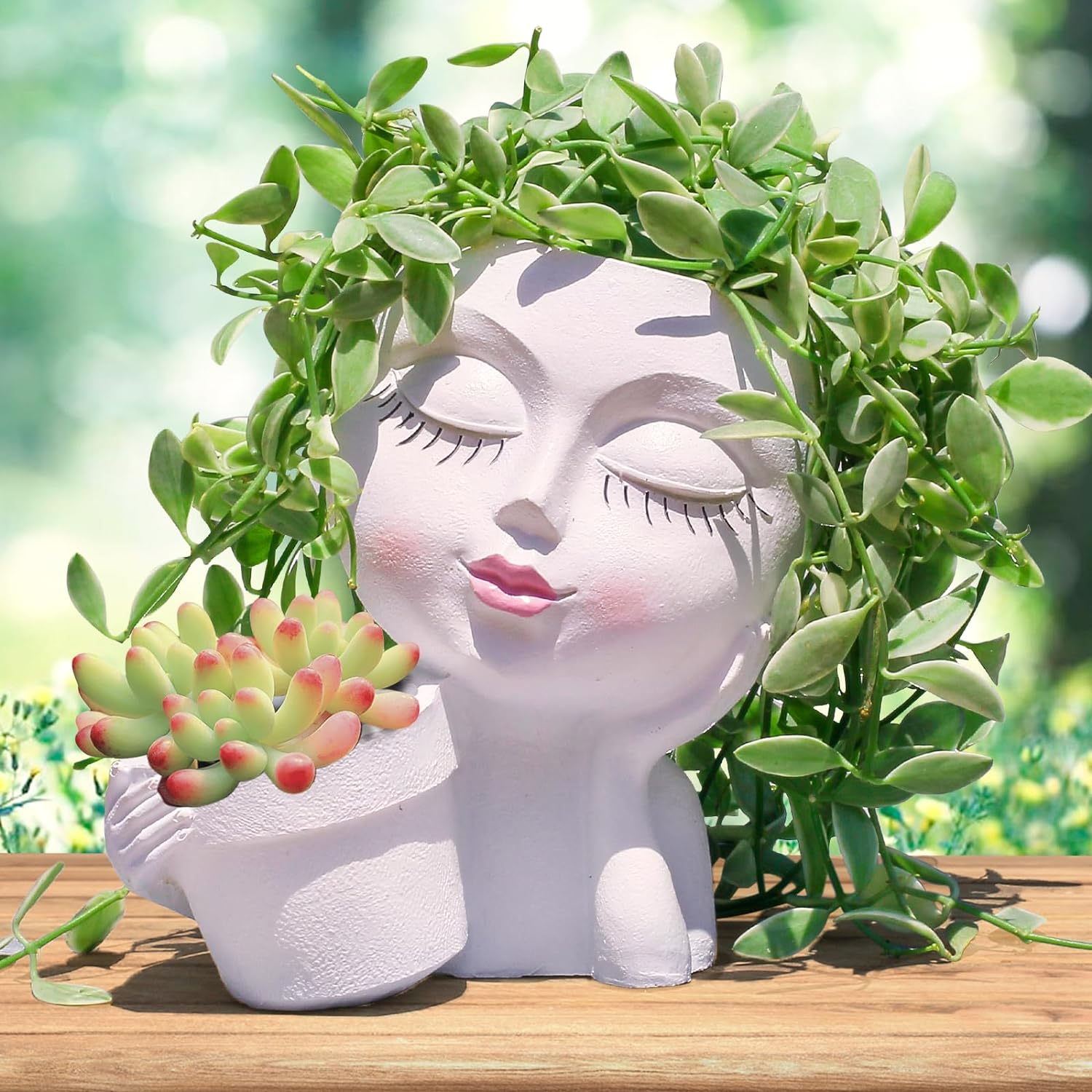 Face Planters Pots Head Planter for Indoor Outdoor Plants - Cute Plant Pots for Flower Succulent with Drainage Hole - Ideal Present Ideas(Khaki Lady)
