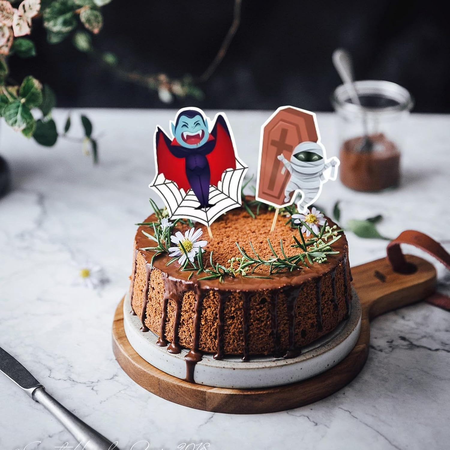 Halloween Cupcake Toppers | 7X Halloween Cupcake Picks | Castle, Zombie, Ghost, Witch, Black Cat, Vampire, Pumpkin Graveyard Tombstone Cupcake Toppers for Horror Party image number 3