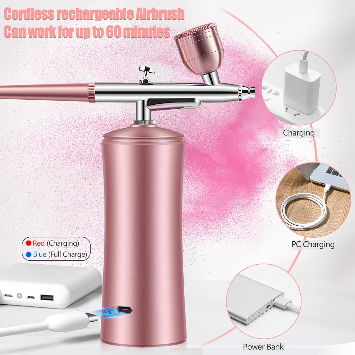 Cordless Nail Airbrush Machine, Airbrush Kit with Compressor, Portable Airbrush for Make-Up, Hairdressing, Nail Art, Model Painting, Cake Decoration (Pink) image number 2
