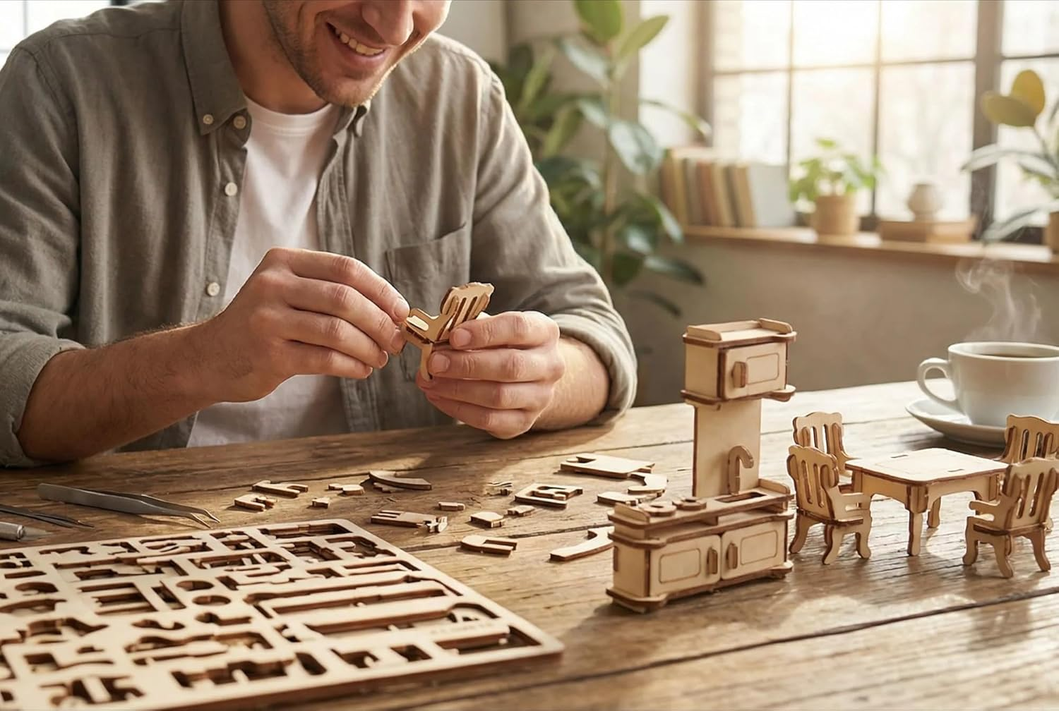 BOHS 34-Piece Dollhouse Furniture Set - Laser Cut Wooden 3D Puzzles - Miniature Doll House DIY Models and Accessories image number 4