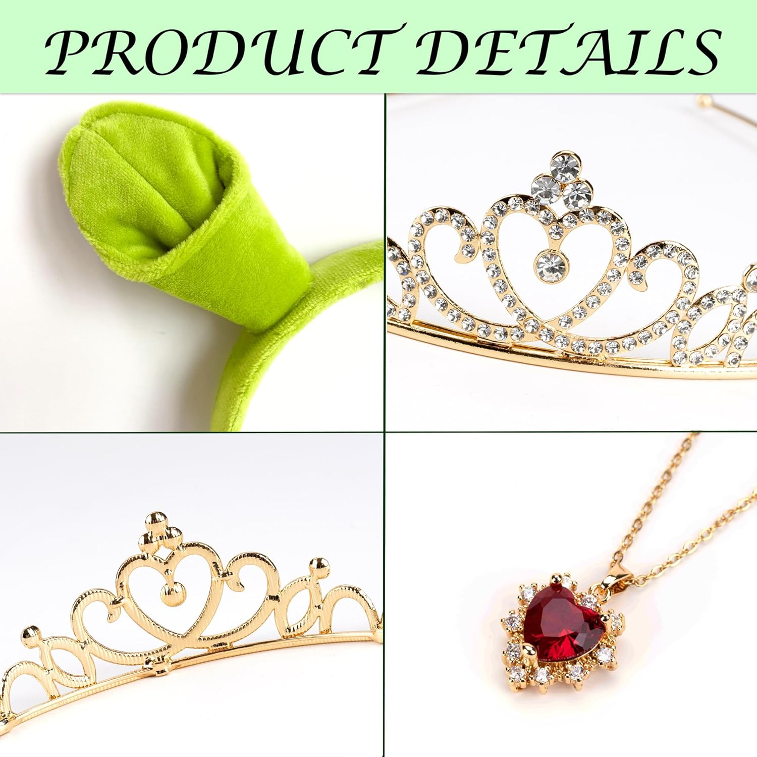3Pcs Green Ogre Ears Headband Red Heart Necklace Crown Halloween Costume Accessories Monster Cosplay Party image number 4