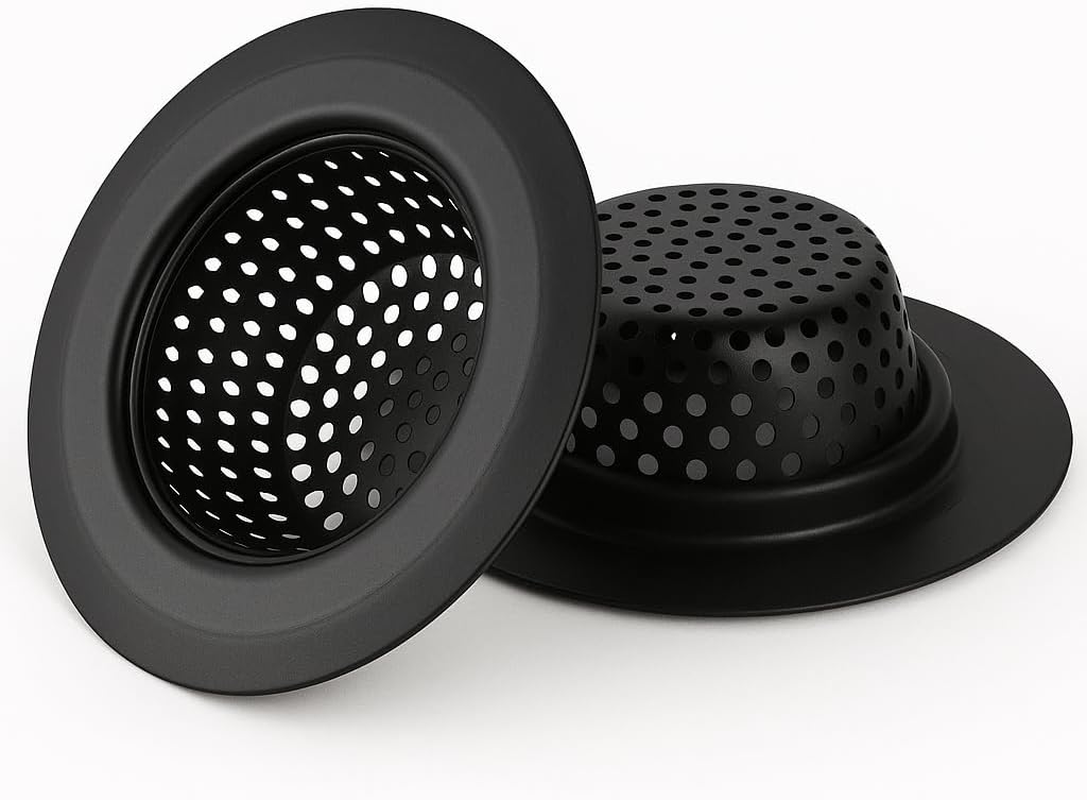 2 Pack Kitchen Sink Strainer - 11.3Cm Wide Rim Stainless Steel Drain Catcher - Fits 7Cm Drain Hole (Standard AU Sinks) - Anti-Clog Food Waste Filter & Rustproof (Matte Black)