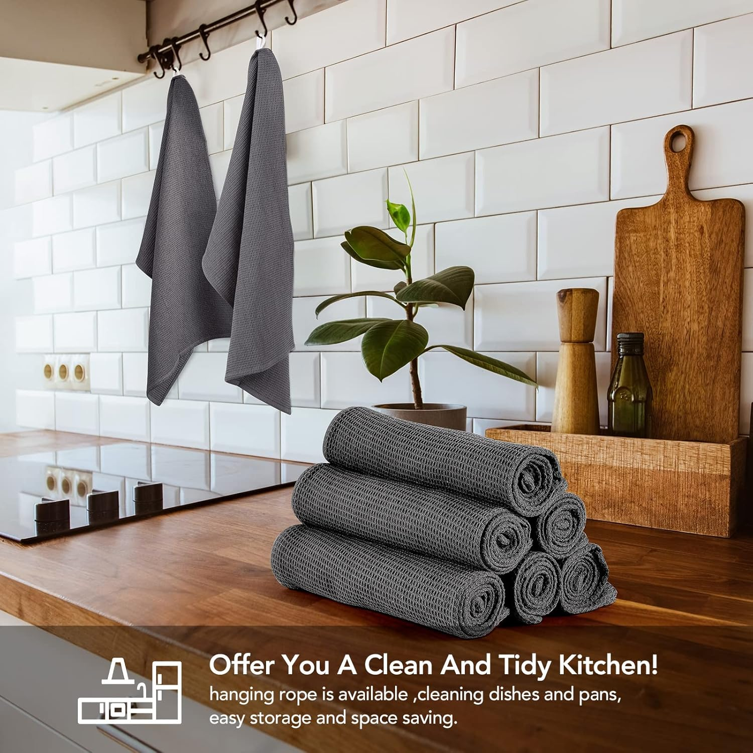 PY HOME & SPORTS 8 Pack Cotton Waffle Weave Kitchen Towels 17 X 25, Super Absorbent Kitchen Hand Dish Cloths for Drying and Cleaning (Dark Grey) - Dark Grey image number 2