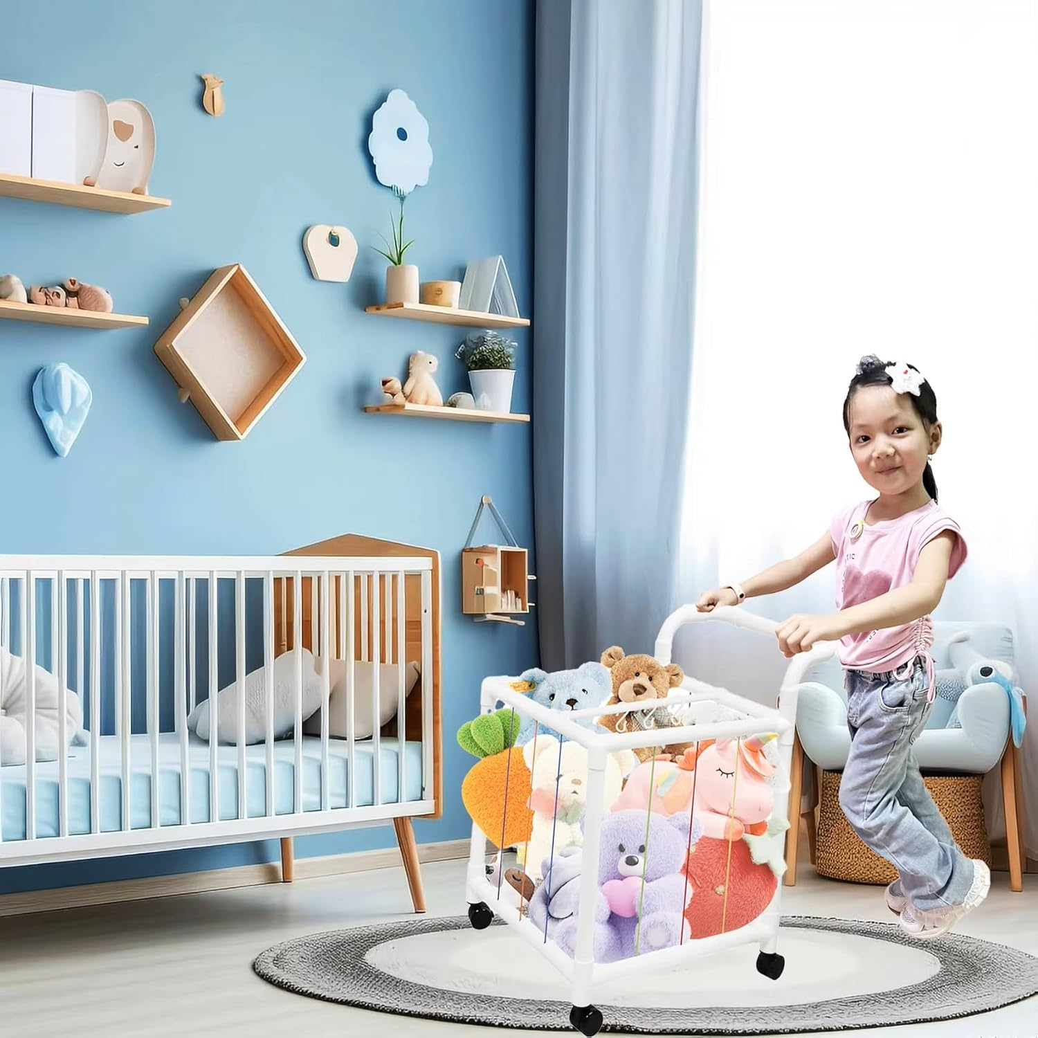 Stuffed Animal Storage Zoo, 360&deg; Rotatable Wheels Plush Tower Storage Single Layers Organizers Cage Holder with Elastic Band and Net for Bedroom Playroom Storage (50X50X50Cm)