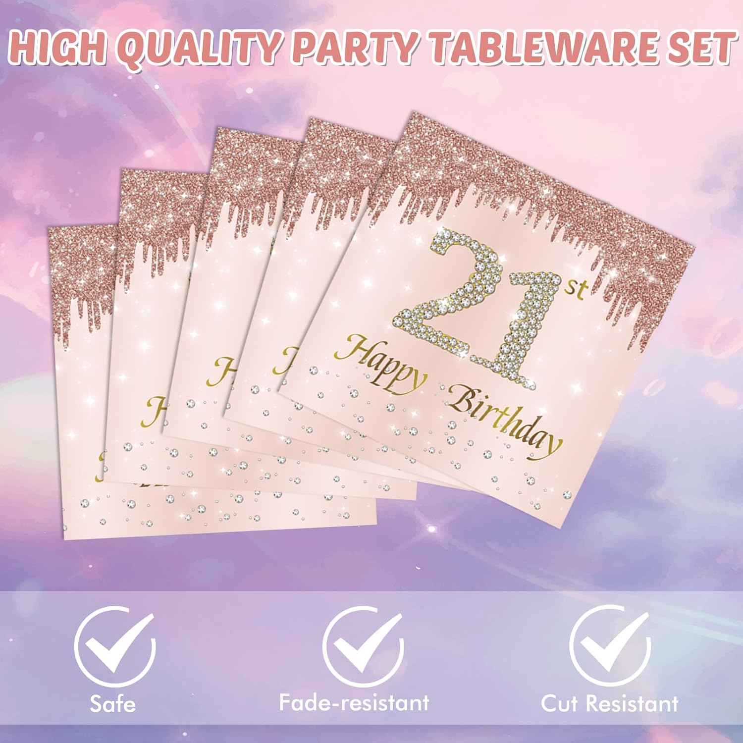 21St Birthday Rose Gold Party Supplies Rose Gold Birthday Supplies Plates and Napkins Happy 21 Birthday Disposable Tableware Party Supplies for Girls Women image number 2
