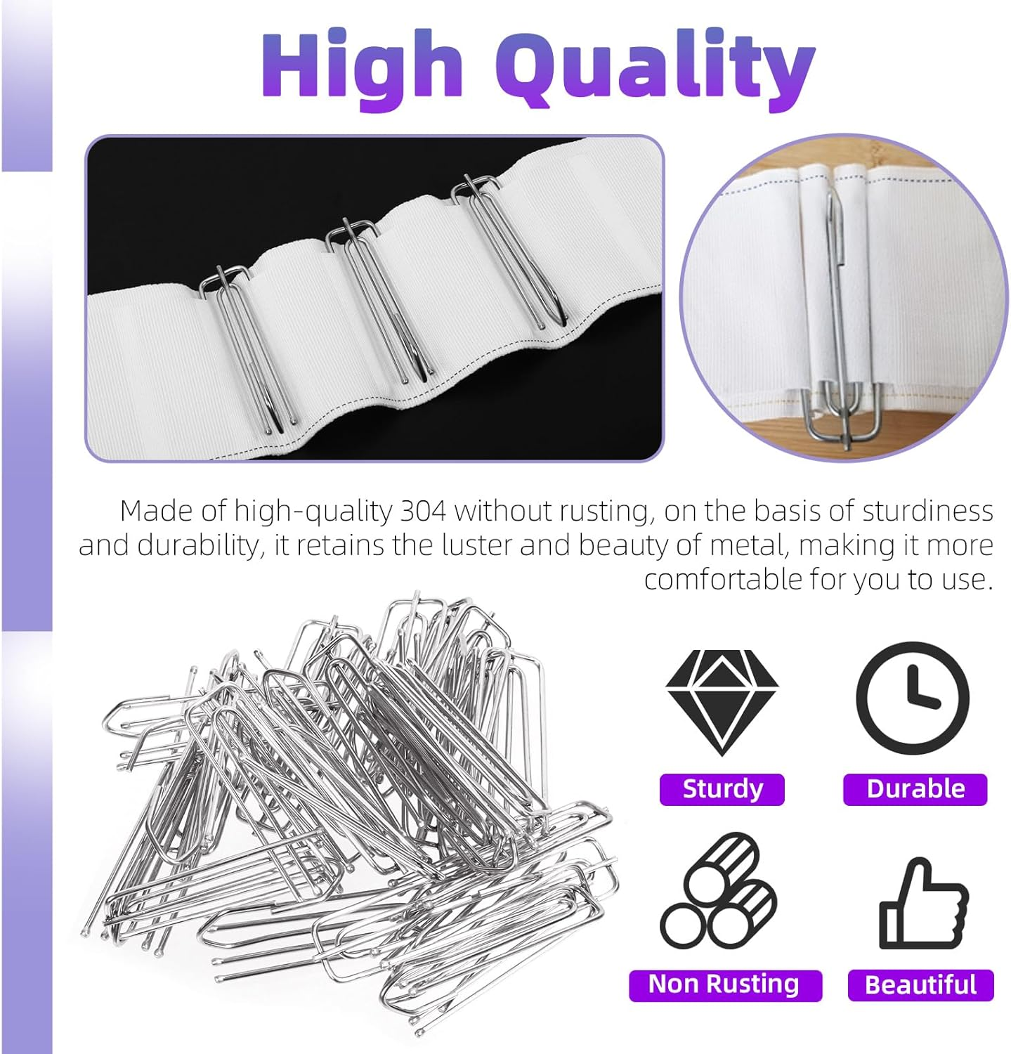 Swpeet 30Pcs Silver Stainless Steel Curtain Pleat Hooks,Drapery Hook and Pin for Pleated Drapes 4 Prongs Pinch Pleat Hook Clips, 4 End Curtains Hangers for Window Curtain, Door, Bathroom image number 4