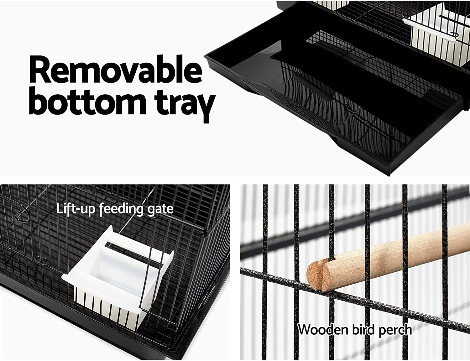 I.Pet Bird Cage 47 X 36 X 88Cm Guinea Pig Pet Birds Parrot Ferret Cages Aviary House Budgie Finch Canary Stand Toys,Black 2 Perch + Slide-Out Removable Tray - Model 5-137Cm image number 3