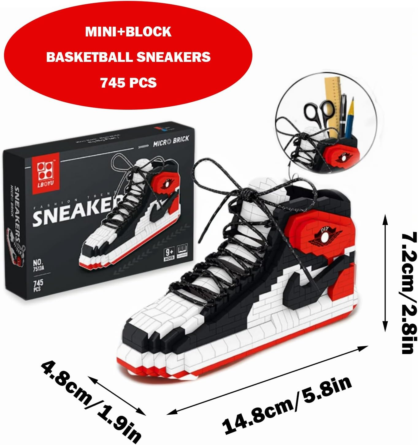 Mini Sneaker Building Blocks Set, 745 Pieces &ndash; DIY Basketball Shoe Toy for Kids (9+) & NBA Fans, Unique Gift Idea for Basketball Enthusiasts - Black-White-Red-1 image number 3